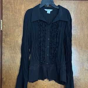 TanJay Elegant Black Ruffled Button Down Shirt